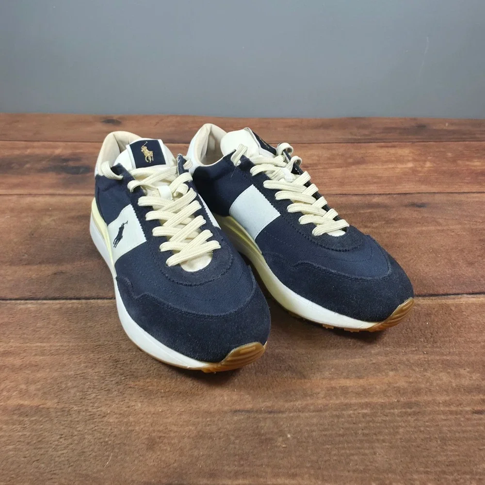 Polo Ralph Lauren Train 85 Sneakers Mens Navy Cream Size 11 Suede Canvas Low Top